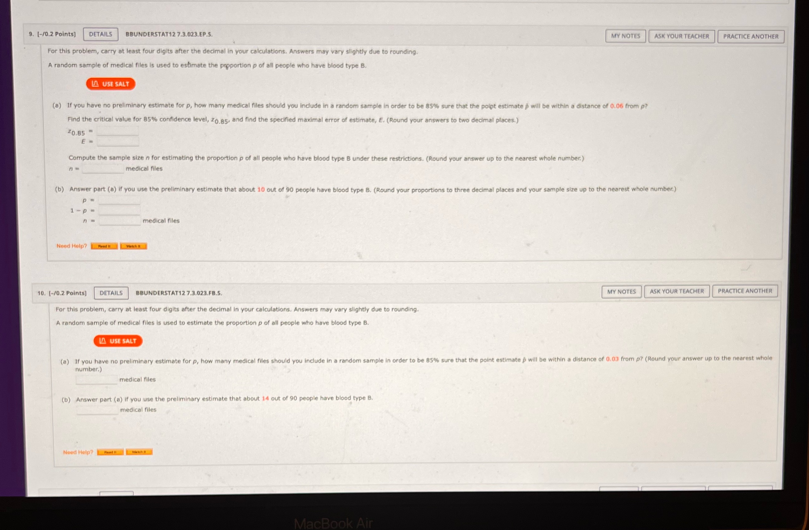  9. [-/0.2 Points] DETAILS BBUNDERSTAT12 7.3.023.EP.S. MY NOTES ASK YOUR TEACHER