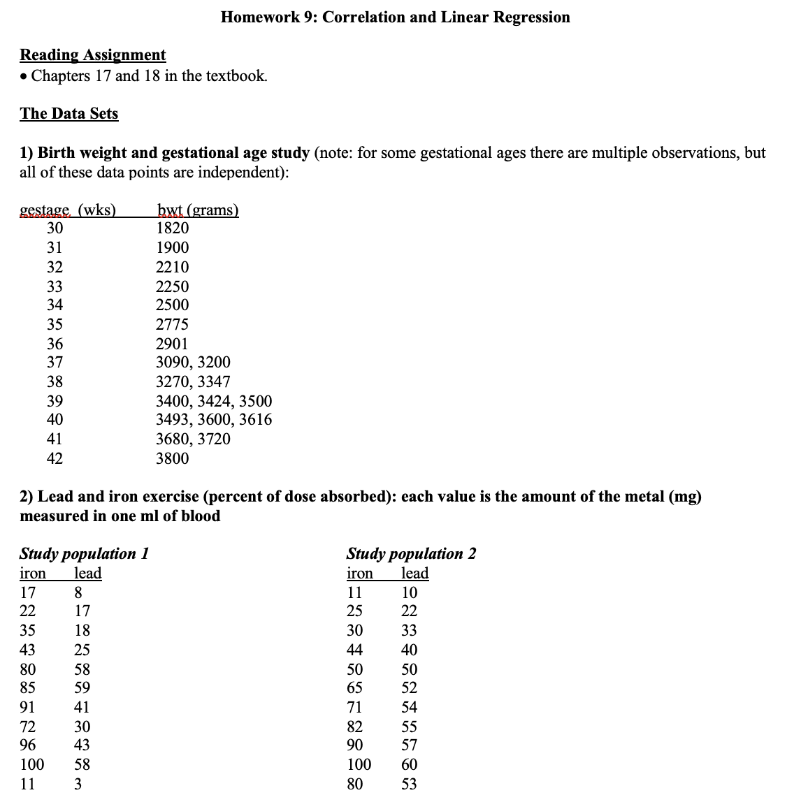  Homework 9: Correlation and Linear Regression Reading Assignment 0 Chapters 17