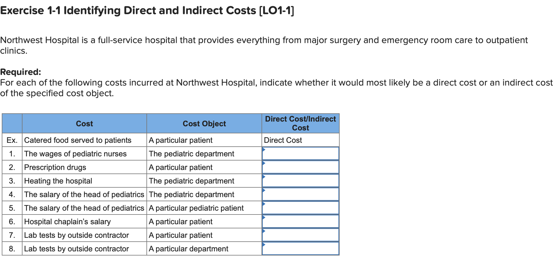  Exercise 1-1 Identifying Direct and Indirect Costs [LO1-1] Northwest Hospital is