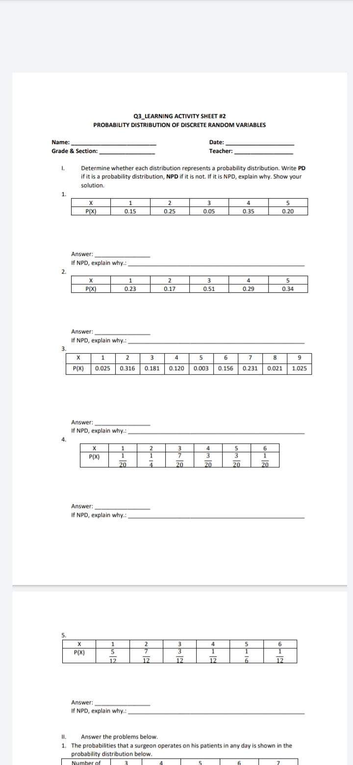  Q3_LEARNING ACTIVITY SHEET #2 PROBABILITY DISTRIBUTION OF DISCRETE RANDOM VARIABLES Name:_