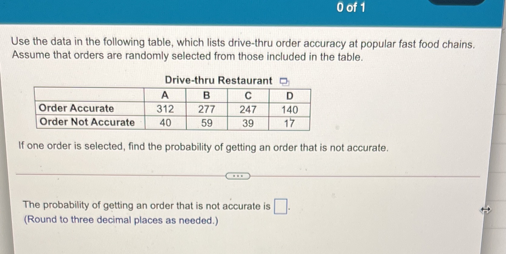 Use the data in the following table, which lists drive-thru order