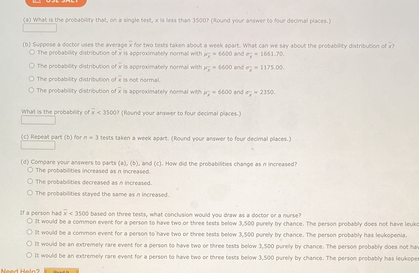 Let x be a random variable that represents white blood cell count