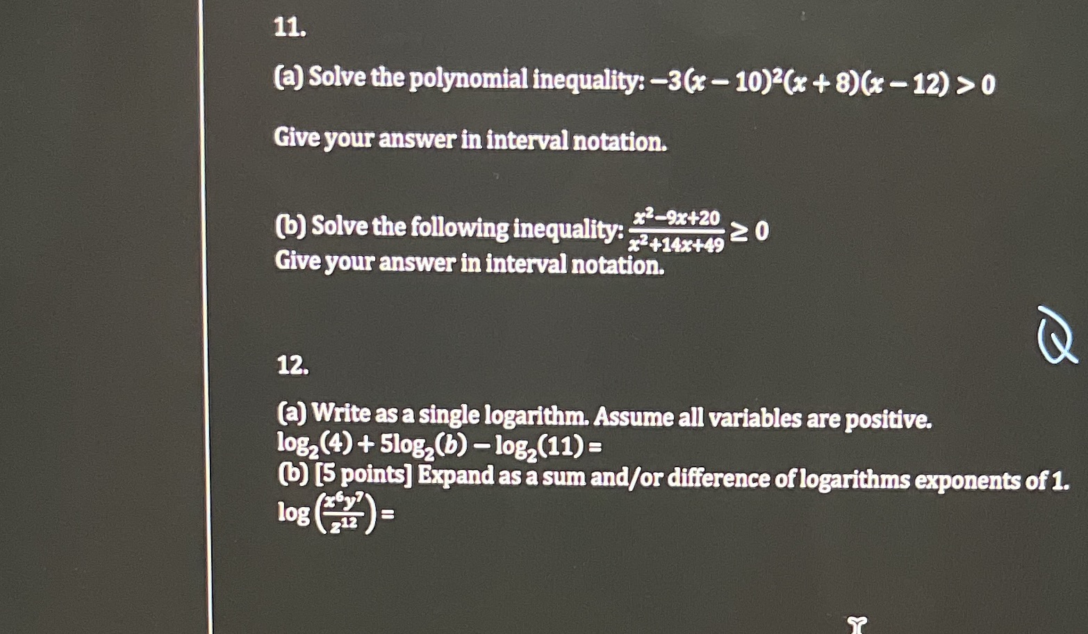Please show work 11. [a] Solve the polynomial inequality: -3(x 1020: +