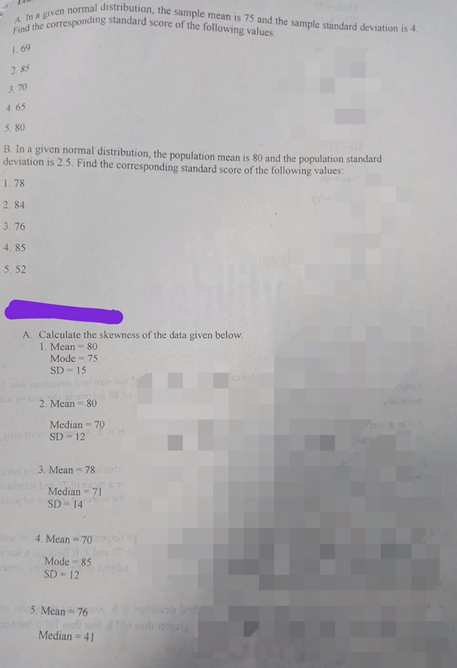 Standard Scores in a given normal distribution, the sample mean is 75