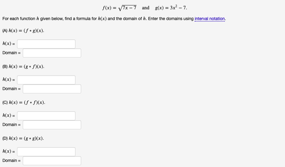 ()= sqrt(77) and g()=3x^2-7 For each function given below, find a formula