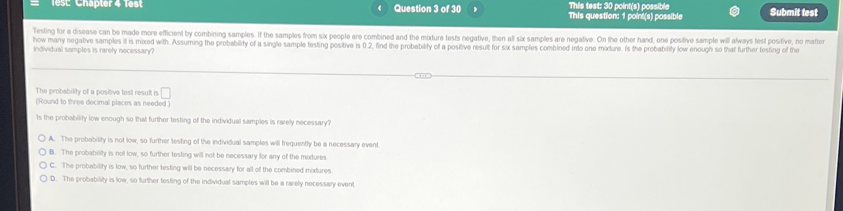  Test Chapter 4 Test Question 3 of 30 This test: 30