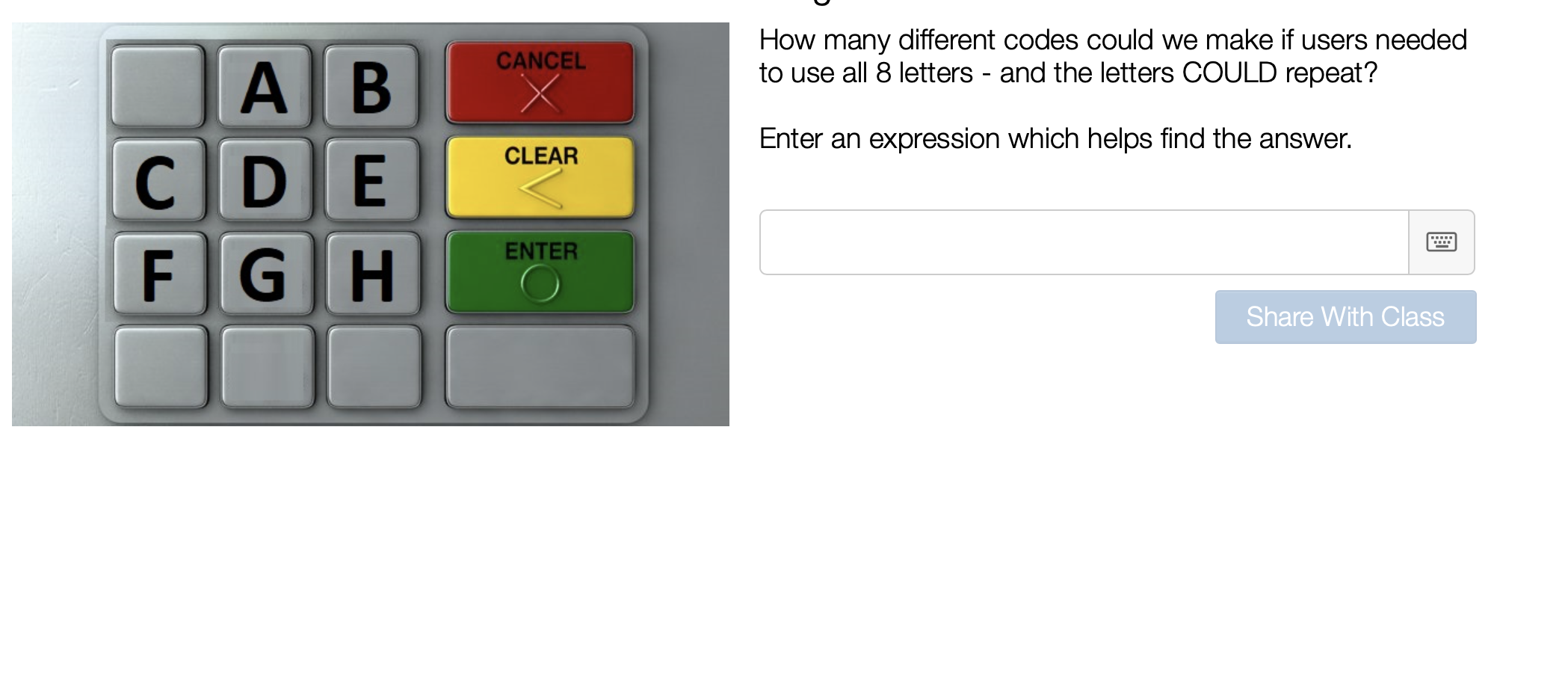 use all 8 letters and the code is 8 letters long? Assume