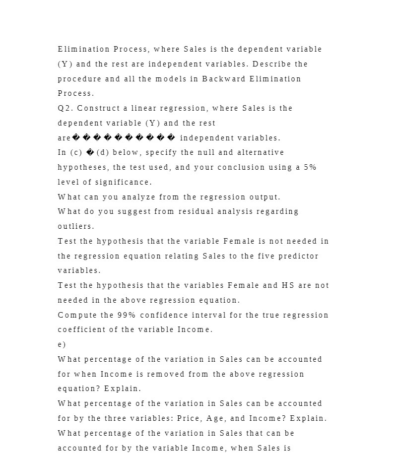  Elimination Process, where Sales is the dependent variable (Y) and the