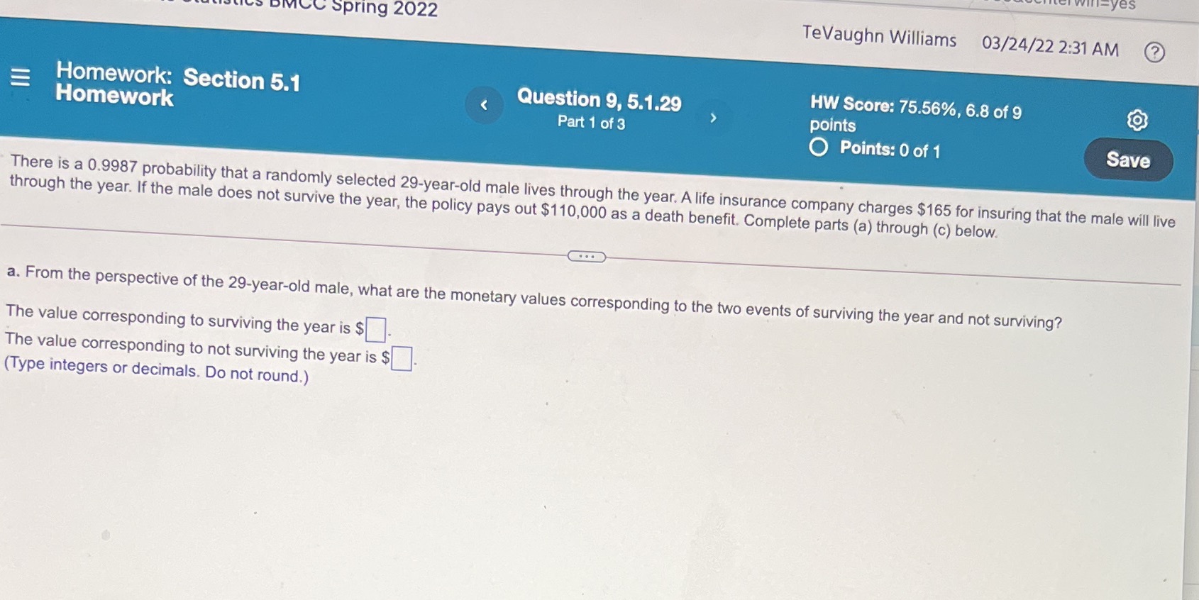 Please answer question a yes DMCC Spring 2022 TeVaughn Williams 03/24/22 2:31