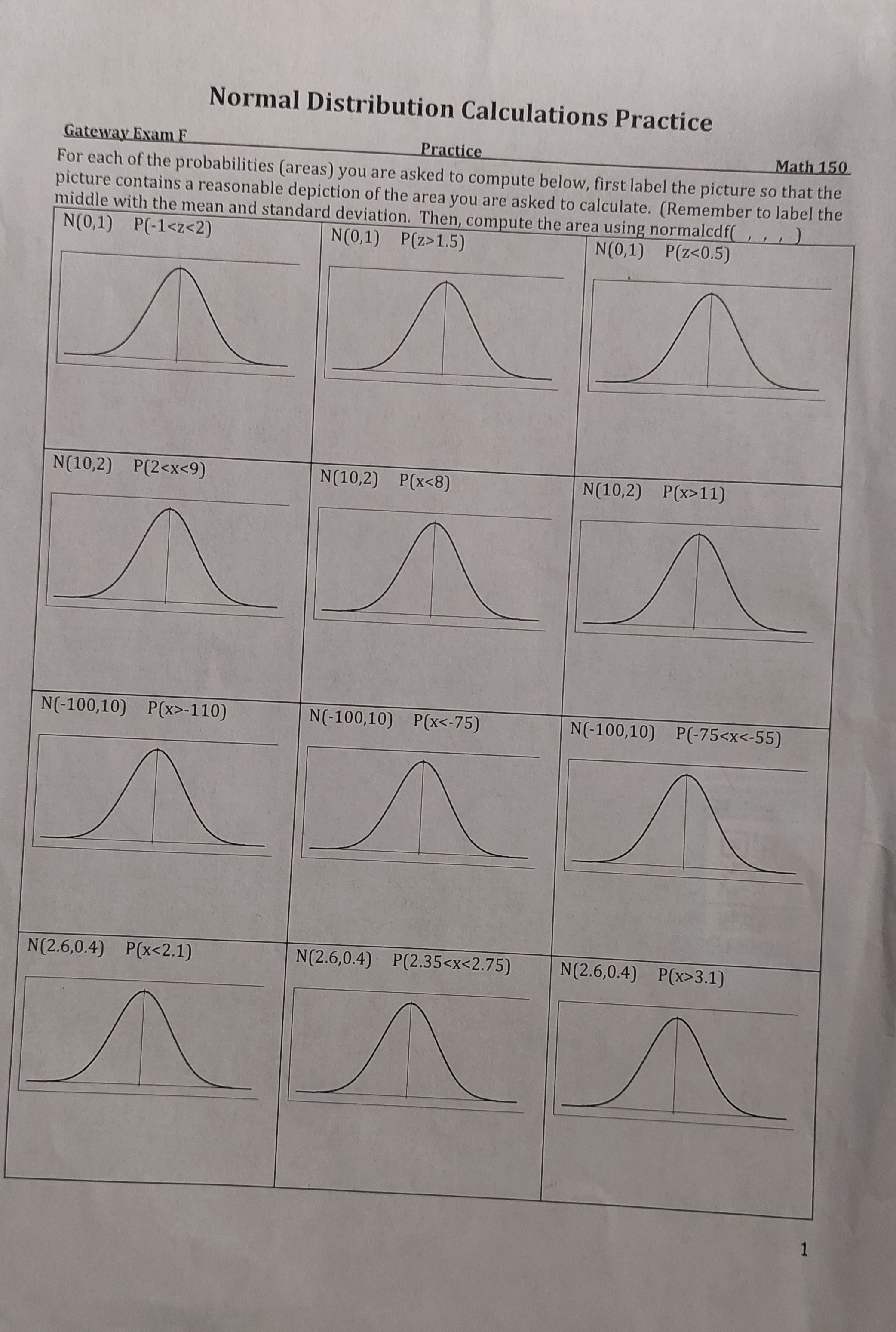  Normal Distribution Calculations Practice Gateway Exam E Practice Math 150 For