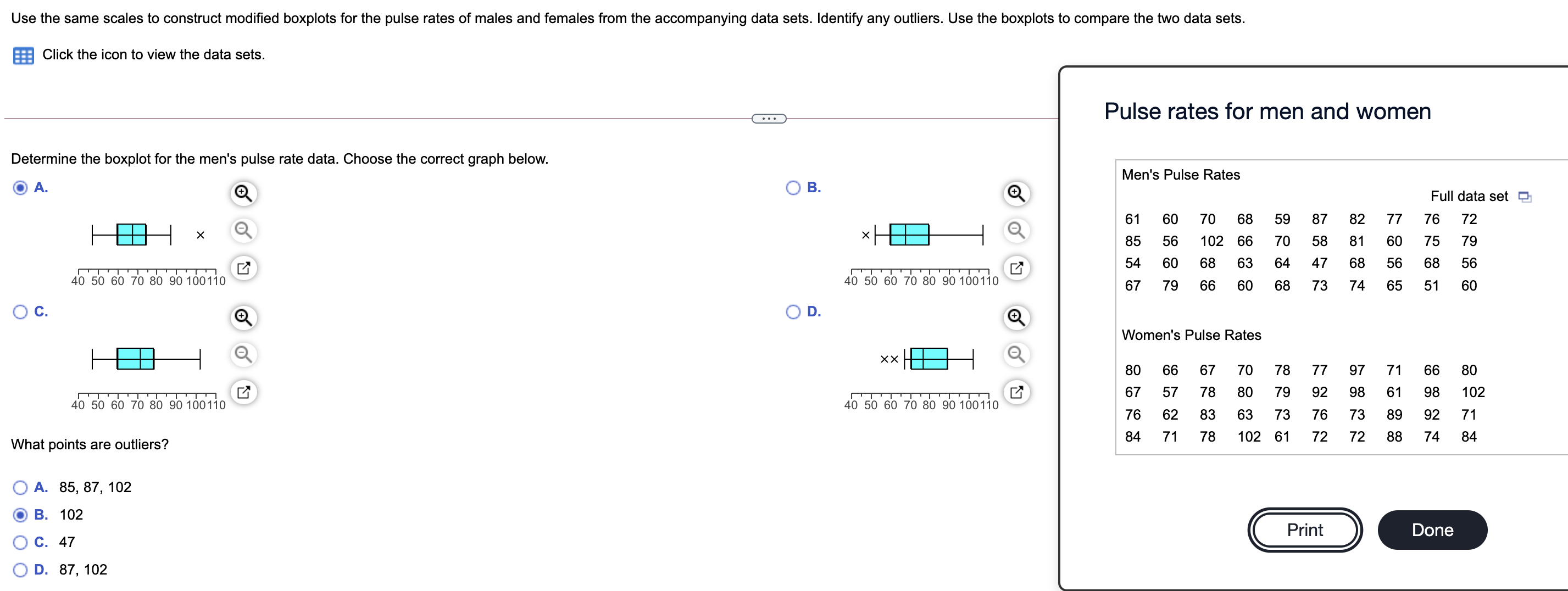  Use the same scales to construct modified boxplots for the pulse