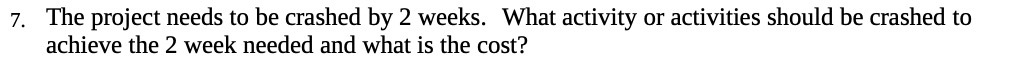 7. The project needs to be crashed by 2 weeks. What