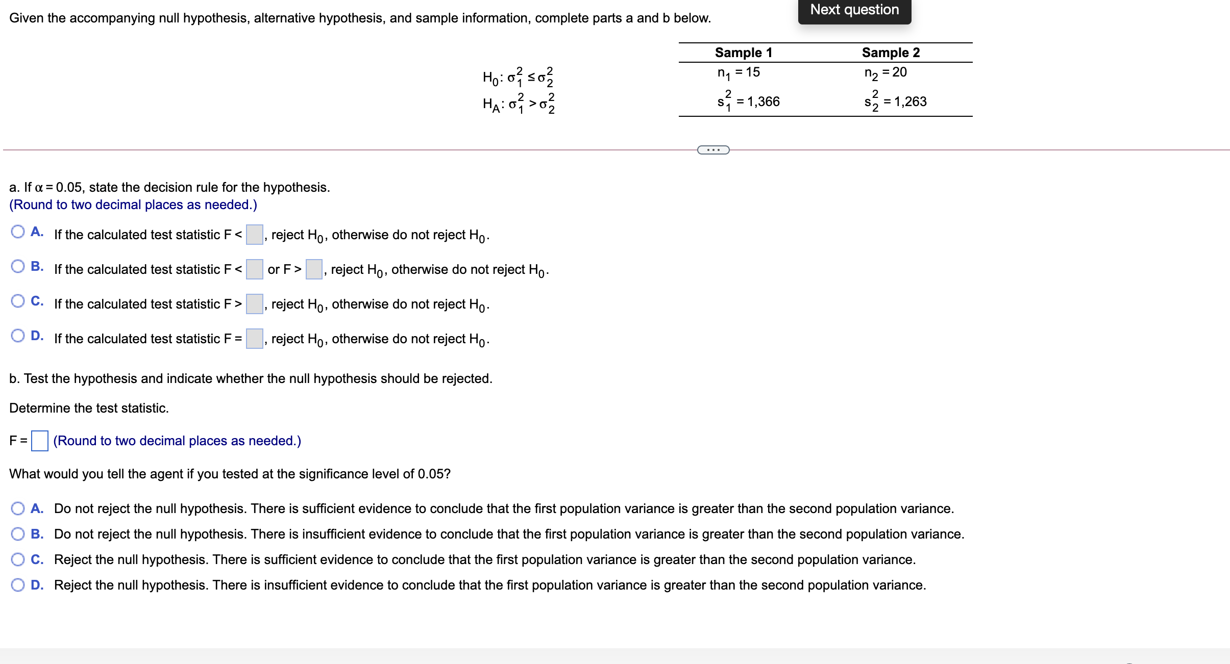 Next question Given the accompanying null hypothesis, alternative hypothesis, and sample