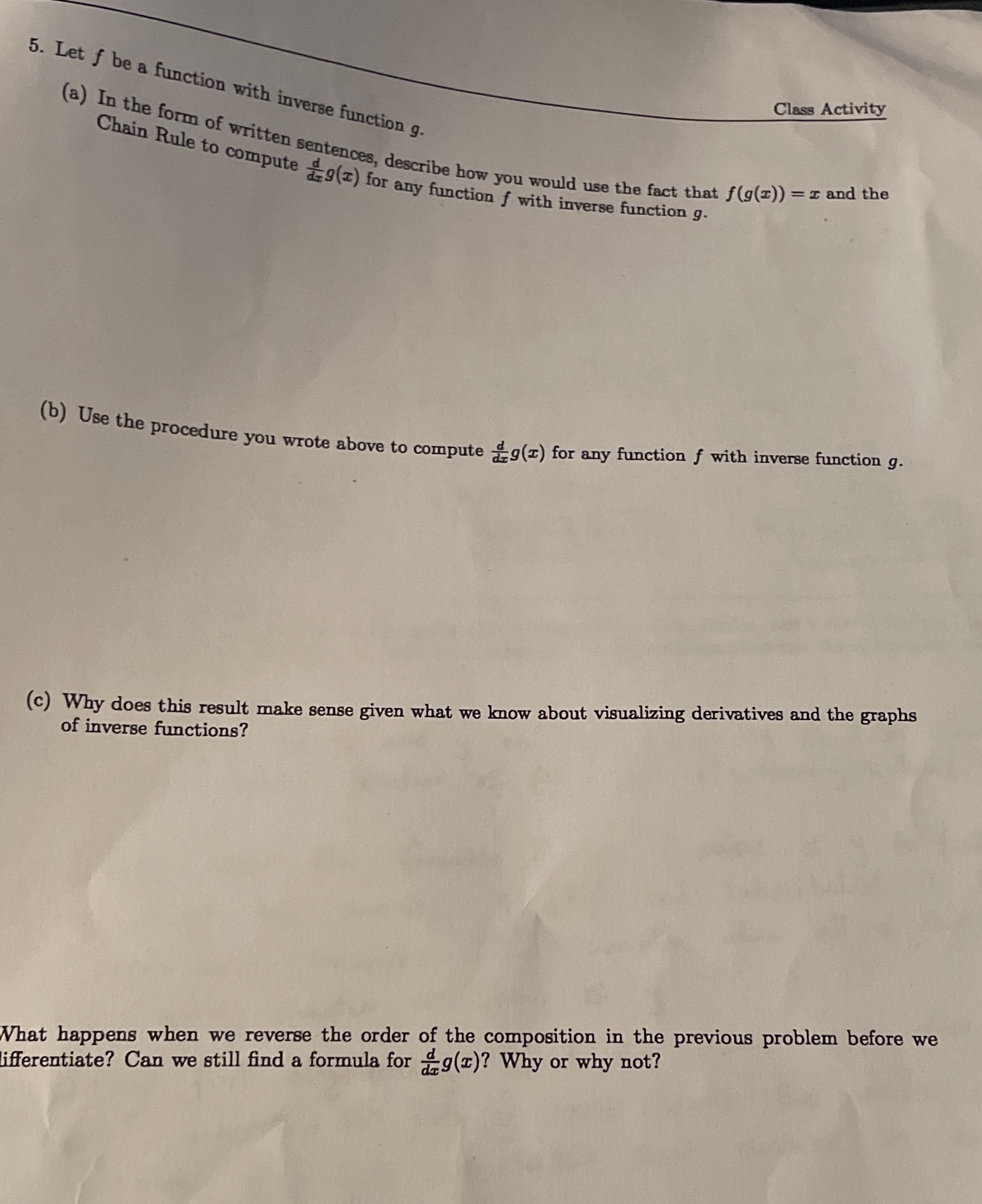 5. Let f be a function with inverse function g. Class