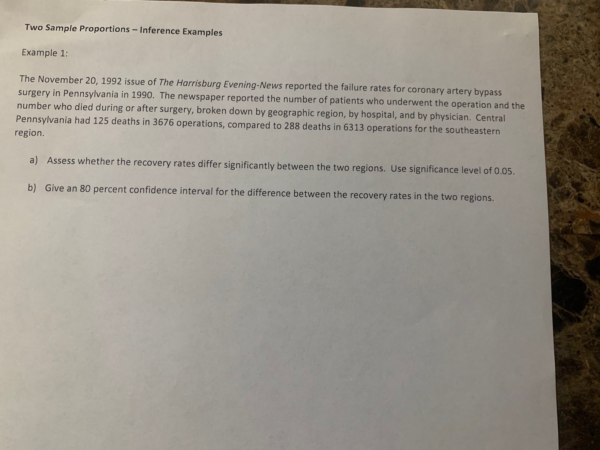 Example 1 and 2 Two Sample Proportions - Inference Examples Example 1: