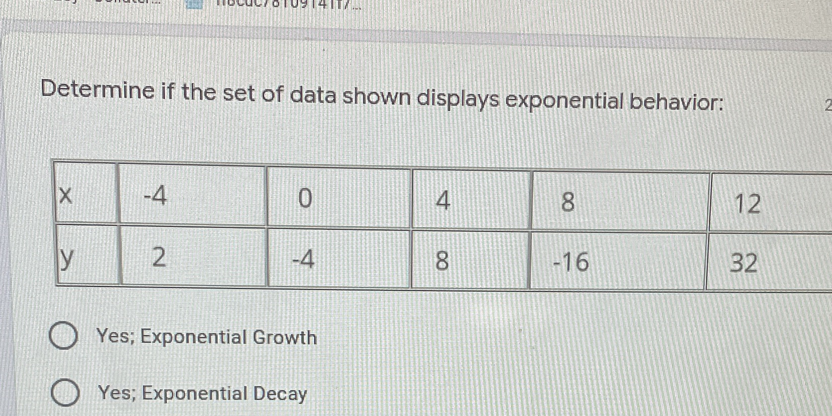  Determine if the set of data shown displays exponential behavior: X