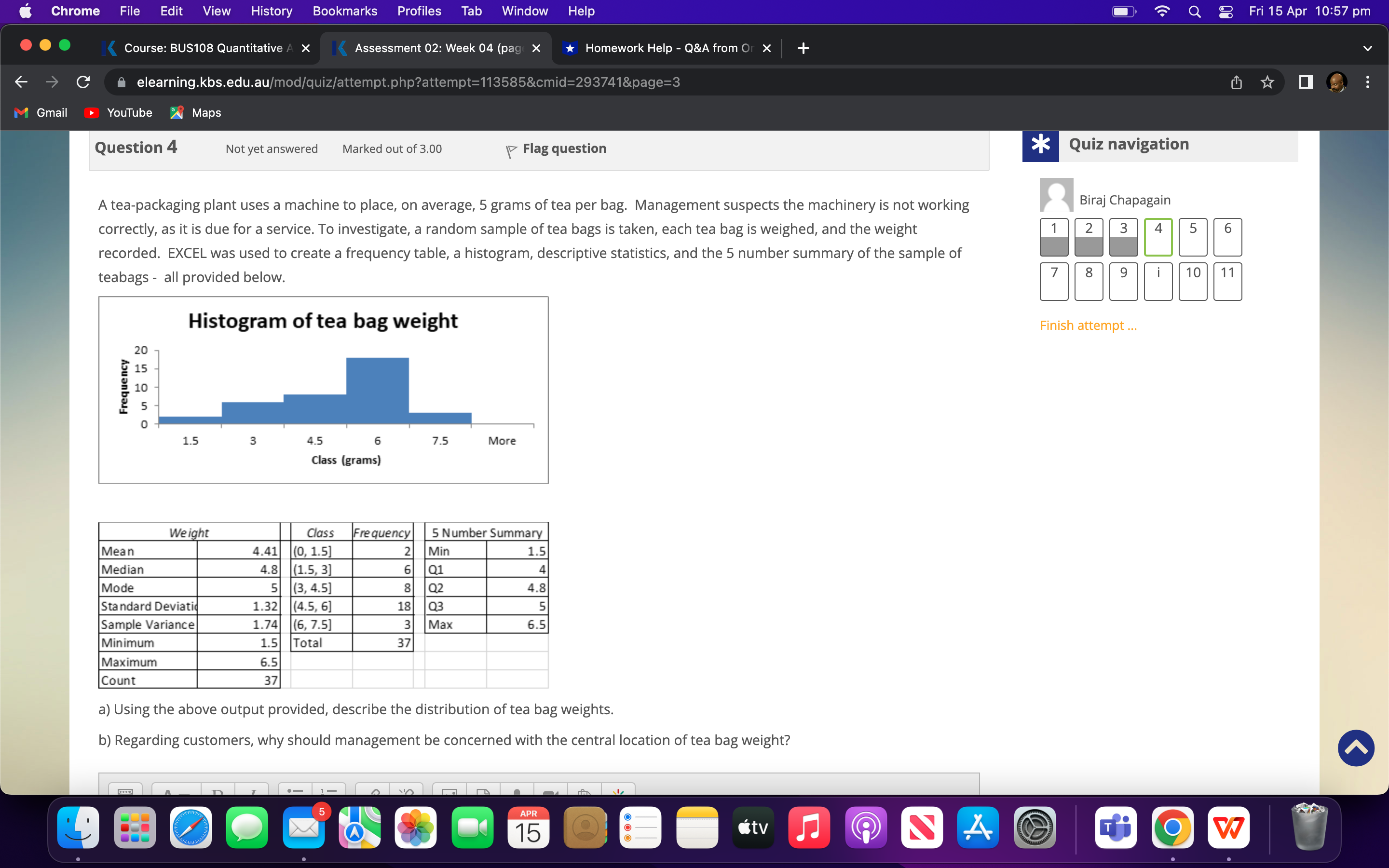 Chrome File Edit View History Bookmarks Profiles Tab Window Course: BUS108 Quantitative