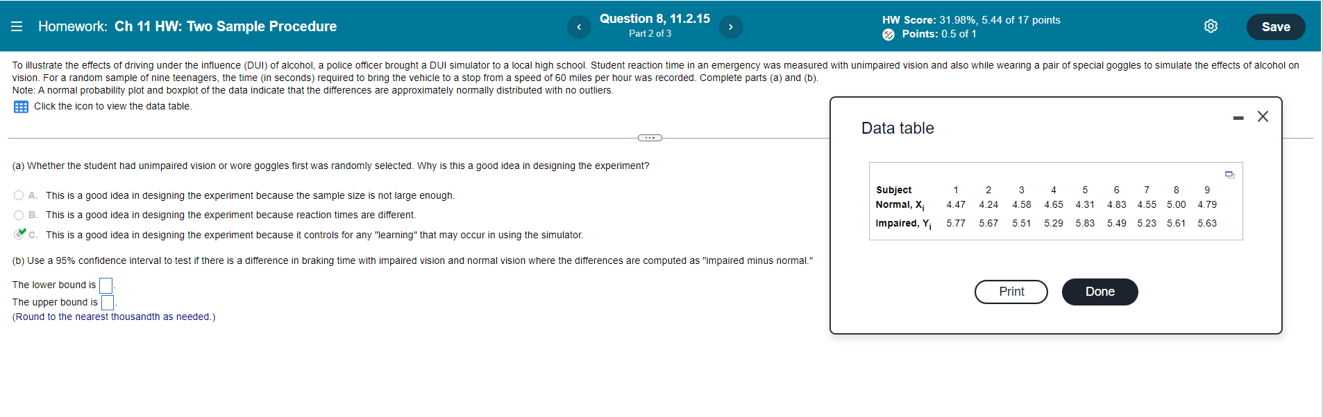  = Homework: Ch 11 HW: Two Sample Procedure Question 8, 11.2.15