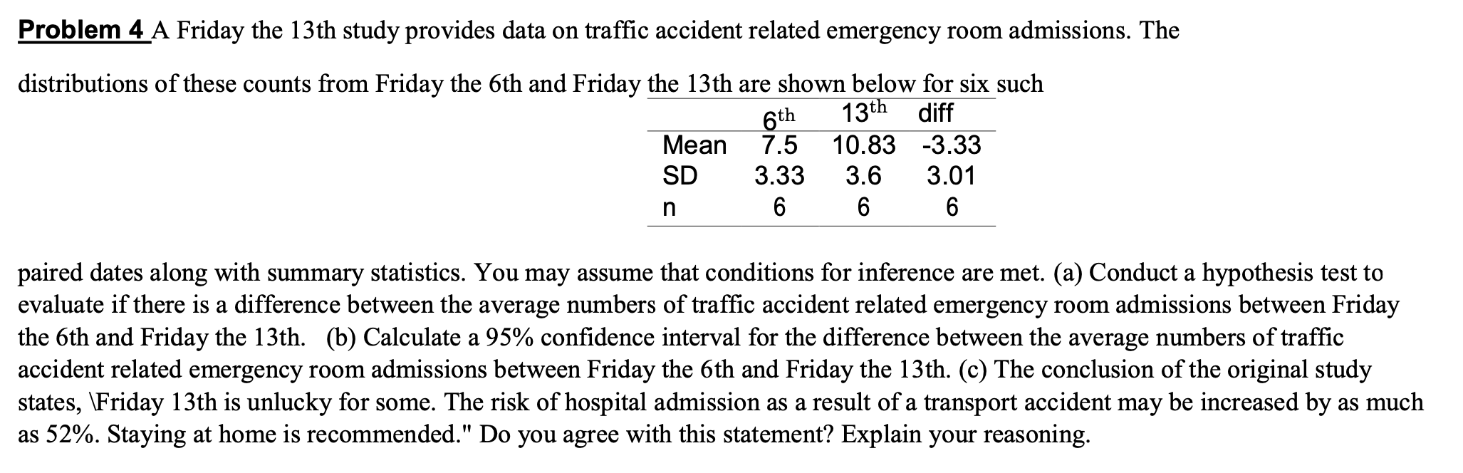  Problem 4 A Friday the 13th study provides data on traffic