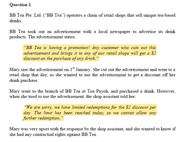 Question 1 BB Tea Pte. Ltd. ("BB Tea") operates a chain of