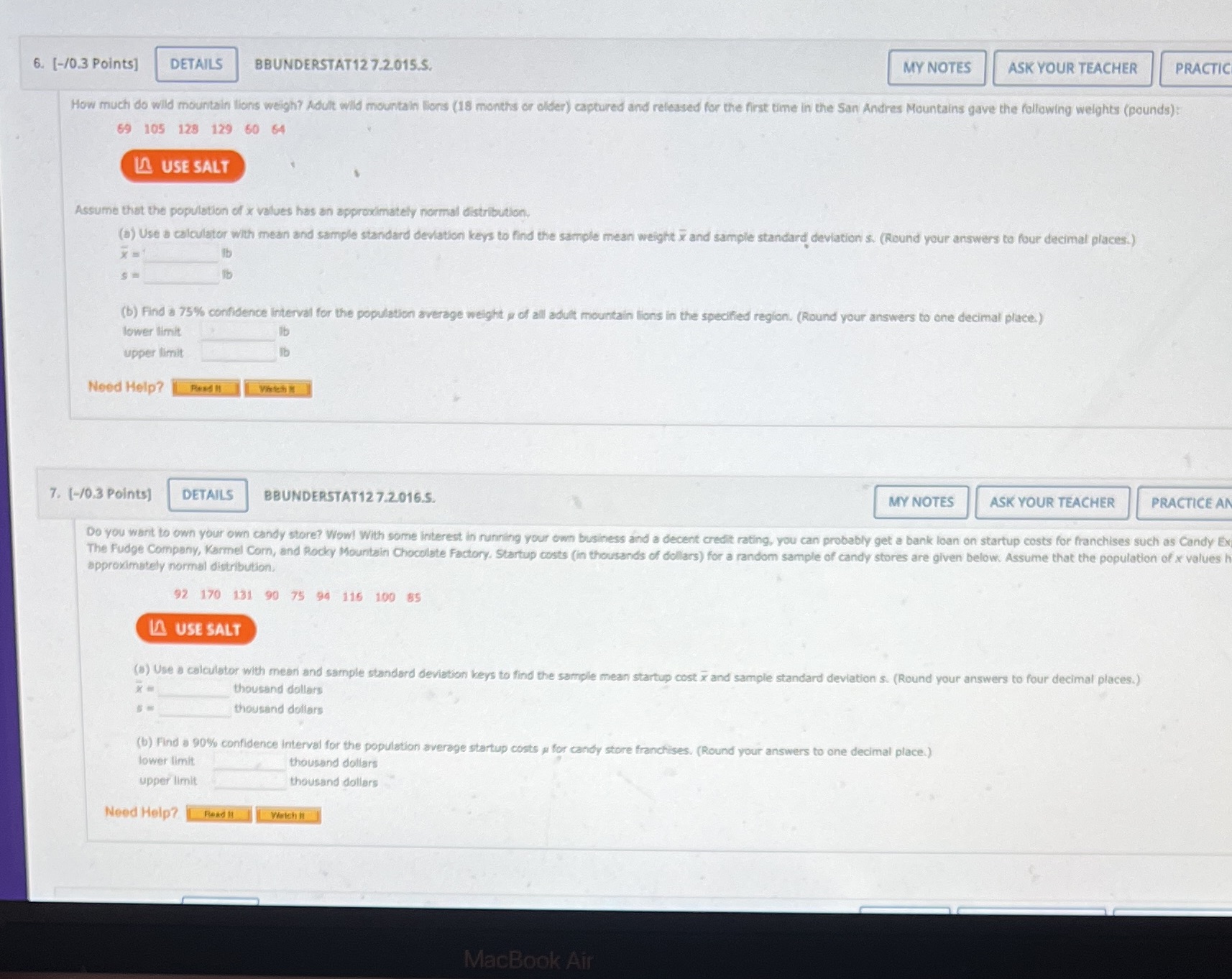  6. [-/0.3 Points] DETAILS BBUNDERSTAT12 7.2.015.S. MY NOTES ASK YOUR TEACHER