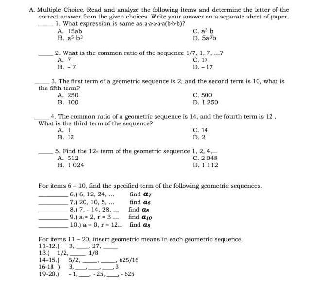  A. Multiple Choice. Read and analyze the following items and determine