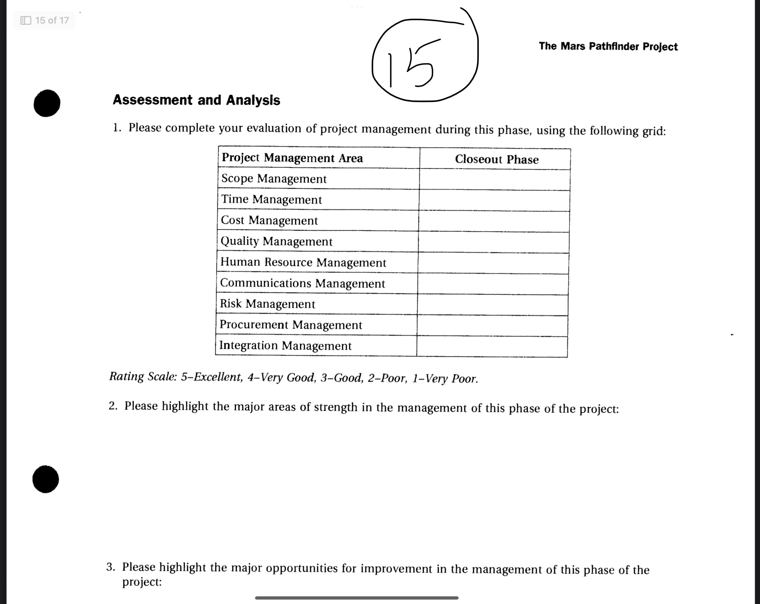various phases of the project as defined in the case study.For the