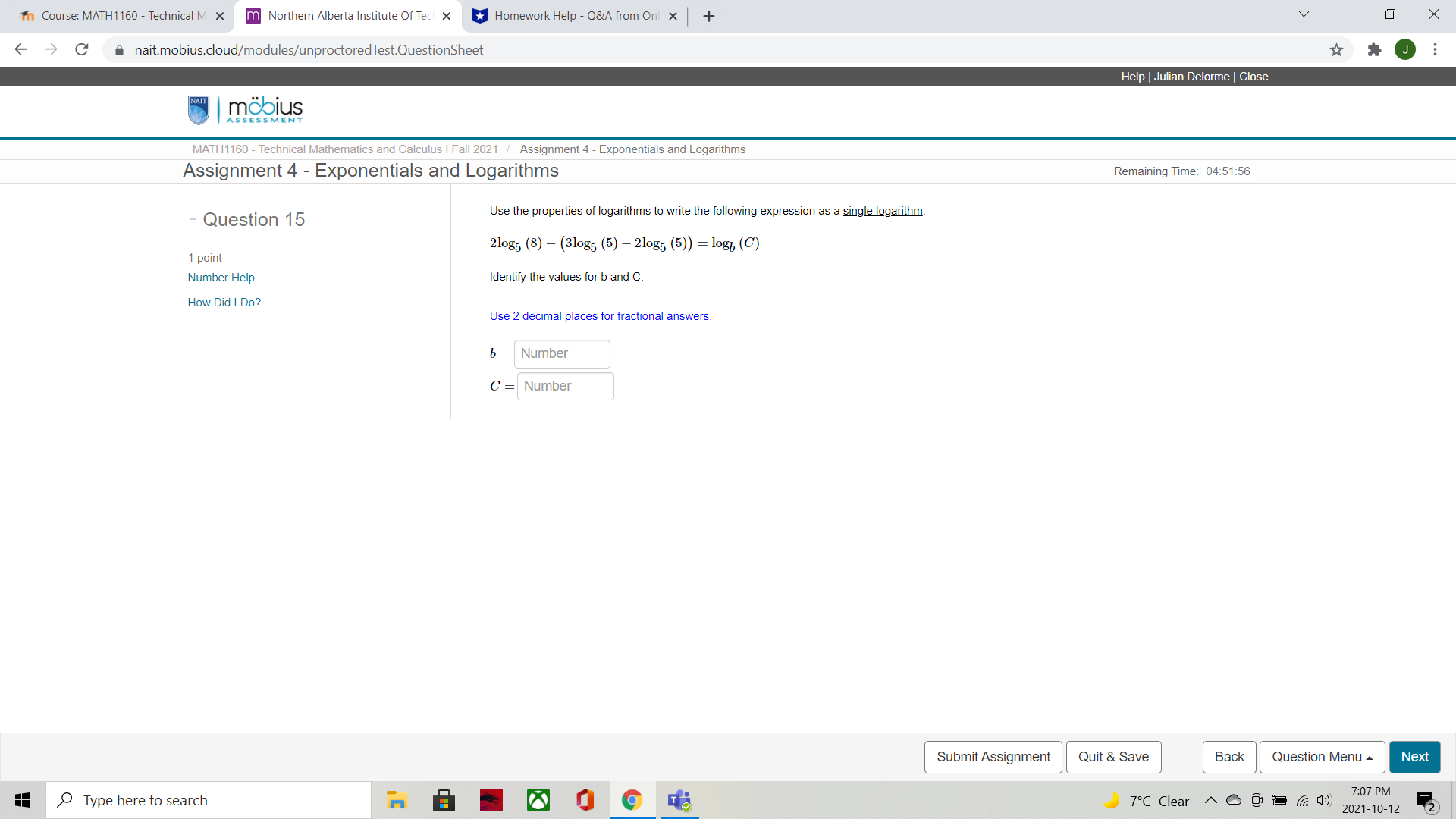  In Course: MATH1160 - Technical M X m Northern Alberta Institute