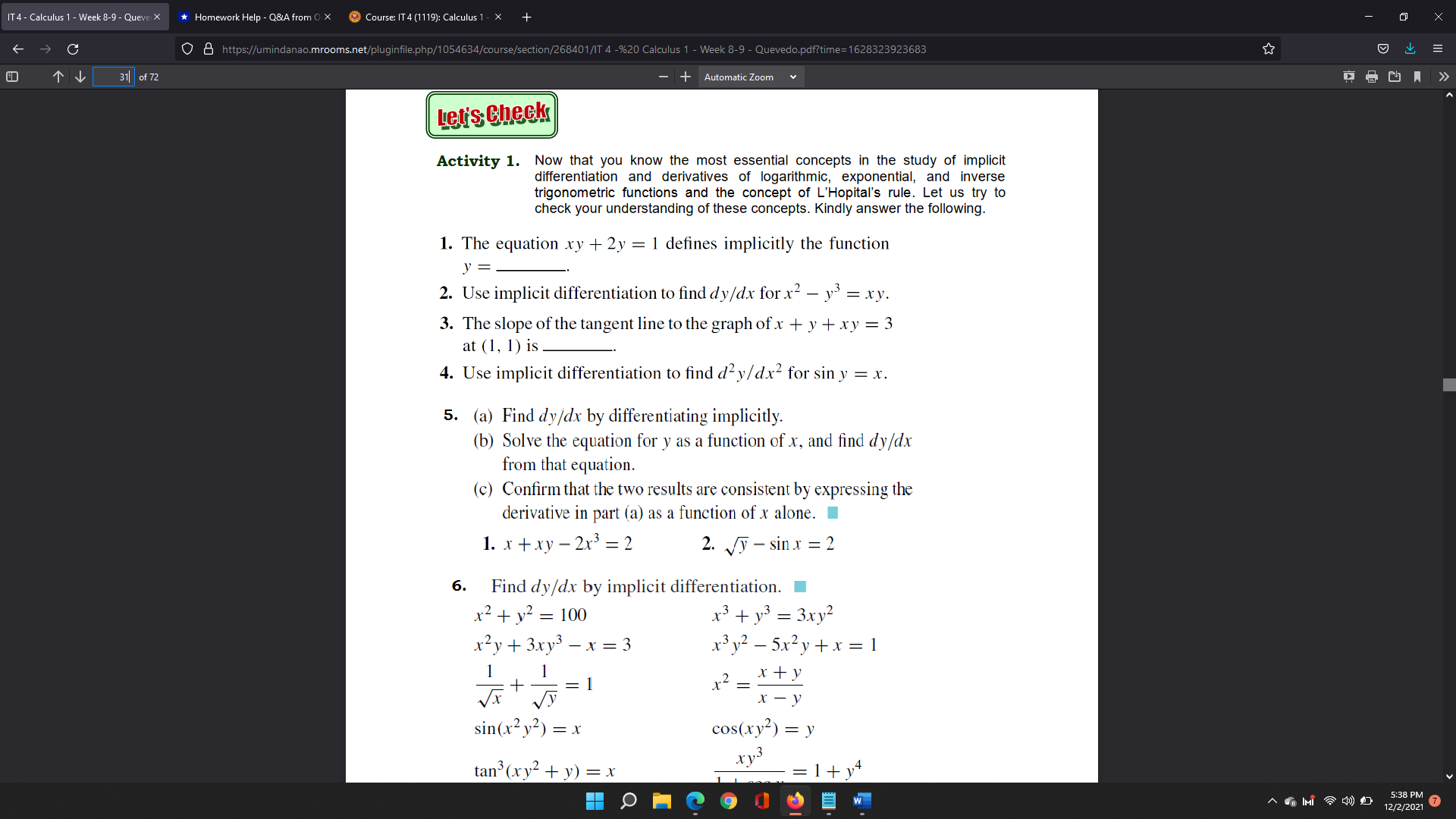Please help me on 1-4 question IT 4 - Calculus 1 -