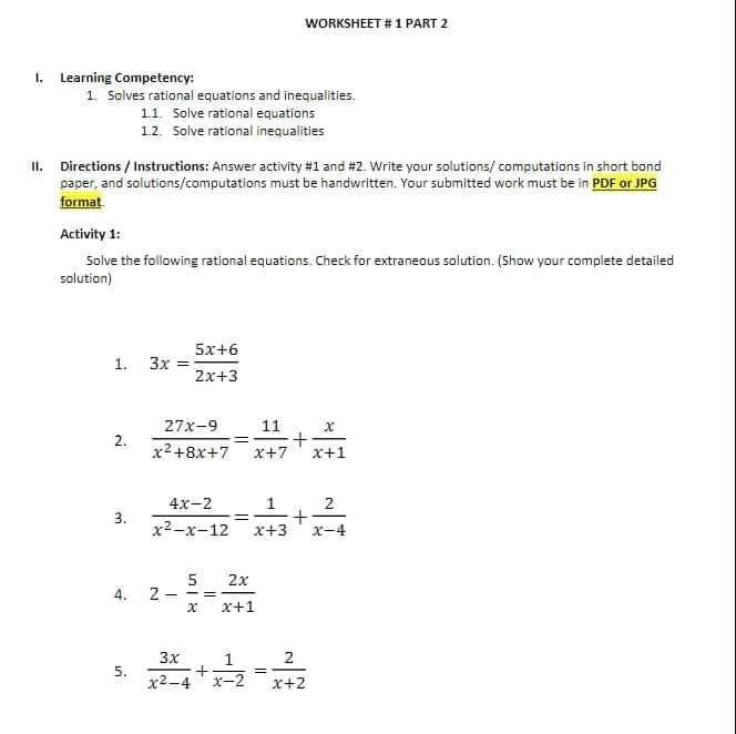 WITH EXPLANATION AND COMPLETE SOLUTION PLEASE WORKSHEET # 1 PART 2 1.