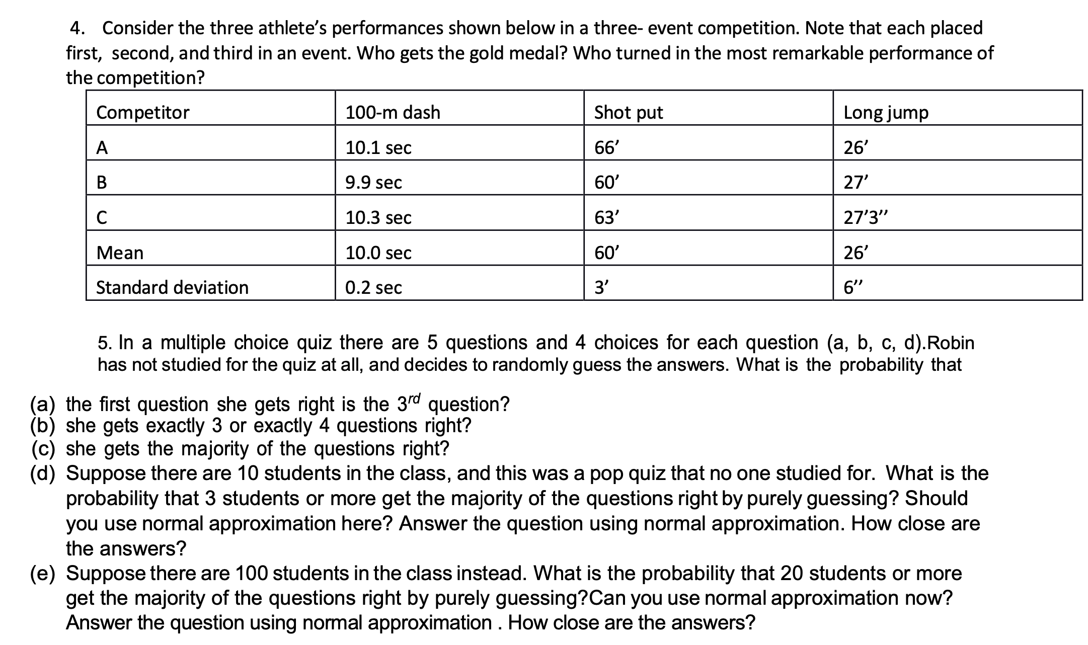  4. Consider the three athlete's performances shown below in a three