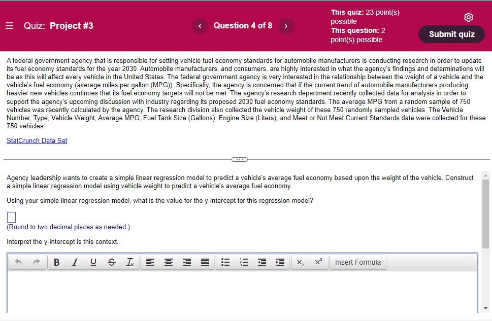 Quiz: Project #3 Question 4 of 8 This quiz: 23 point(s) possible