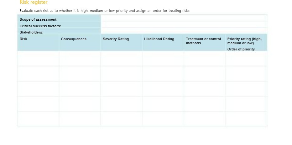  Risk register Evaluate each risk as to whether it is high,