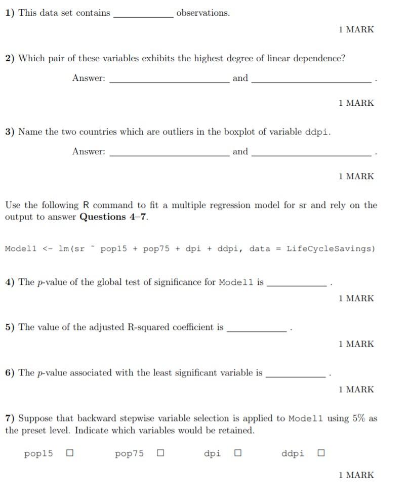 1) This data set contains observations. 1 MARK 2) Which pair