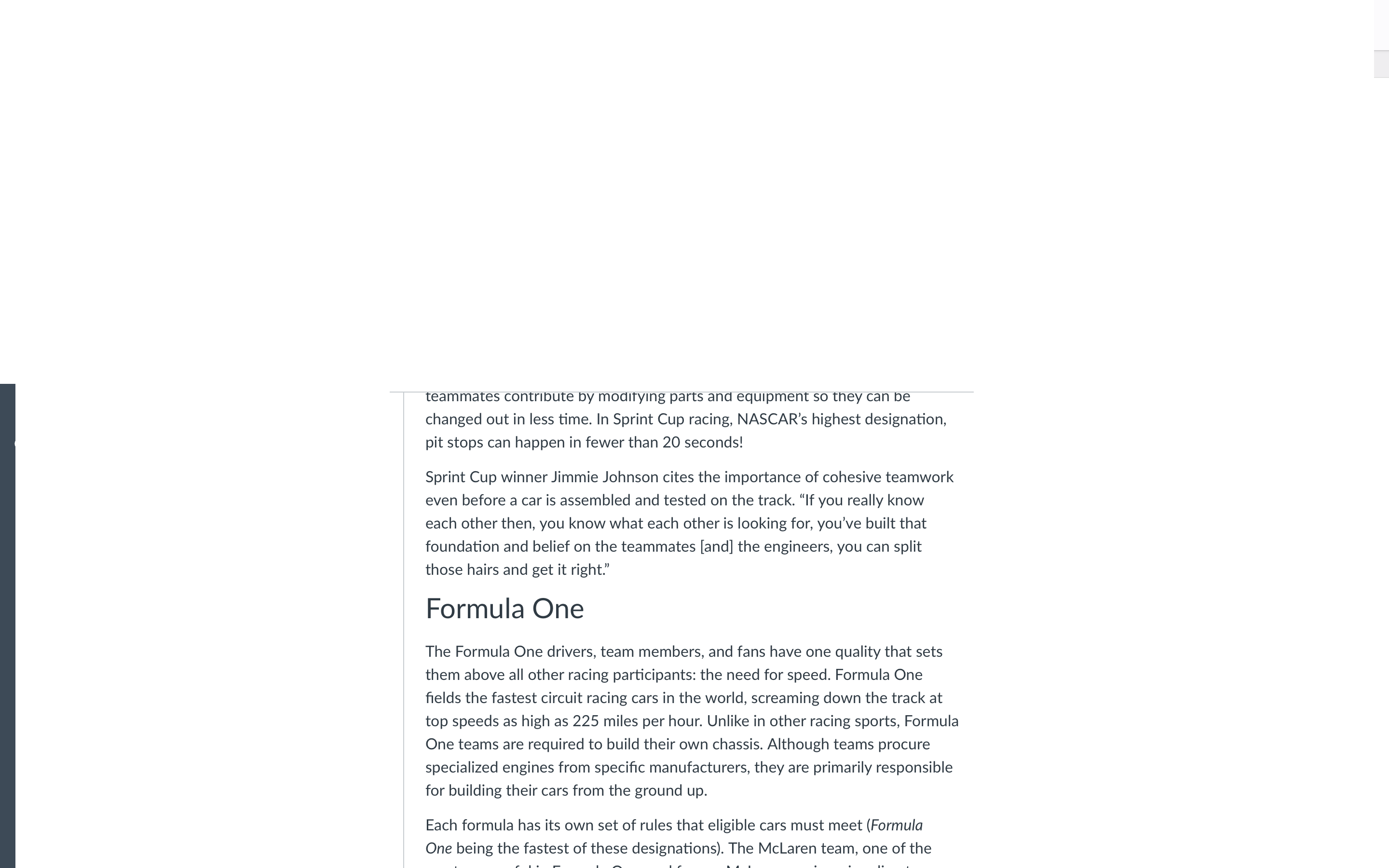 annual performance review past its "sell-by" racing enthusiasts, teammates, and especially drivers