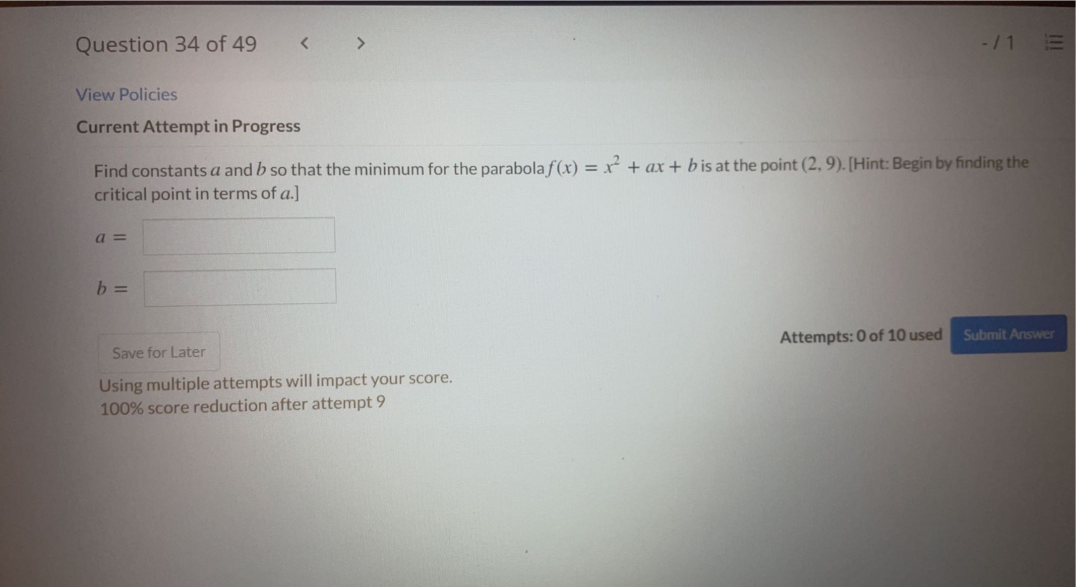 Question 34 of 49 View Policies Current Attempt in Progress Find constants