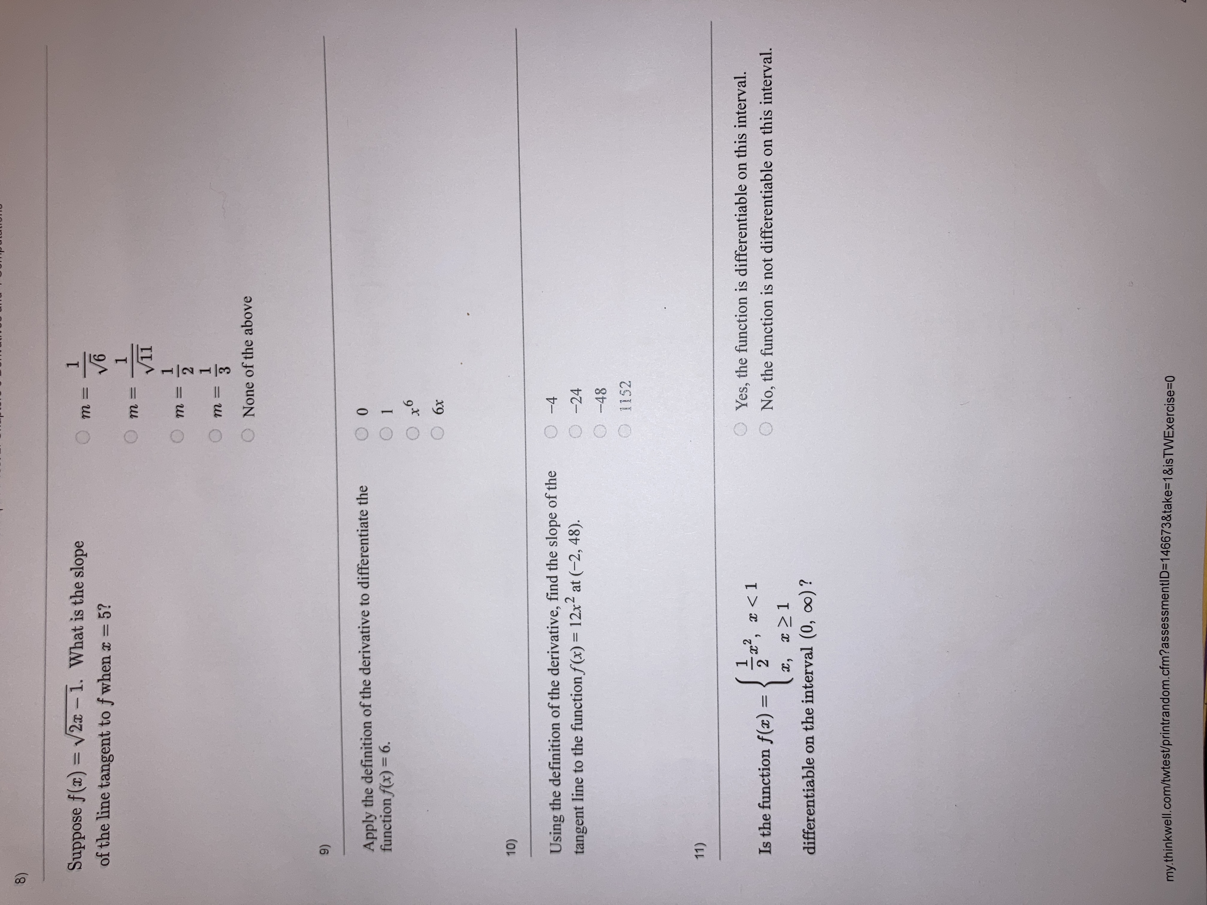  8) Suppose f(x) = V2x - 1. What is the slope