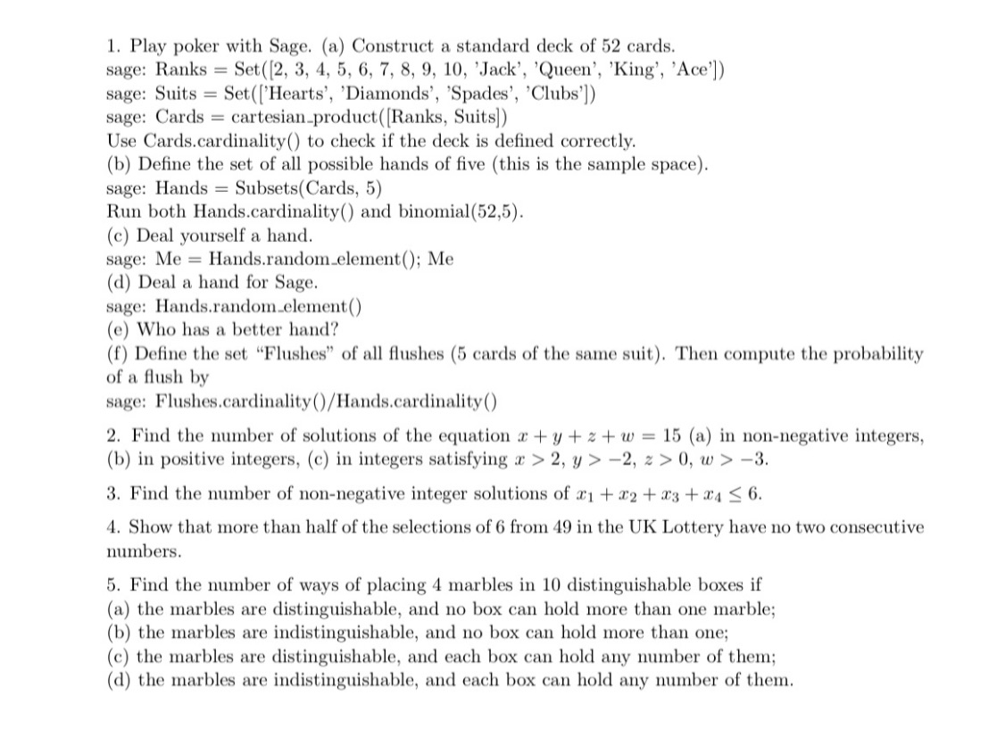 1. Play poker with Sage. (a) Construct a standard deck of