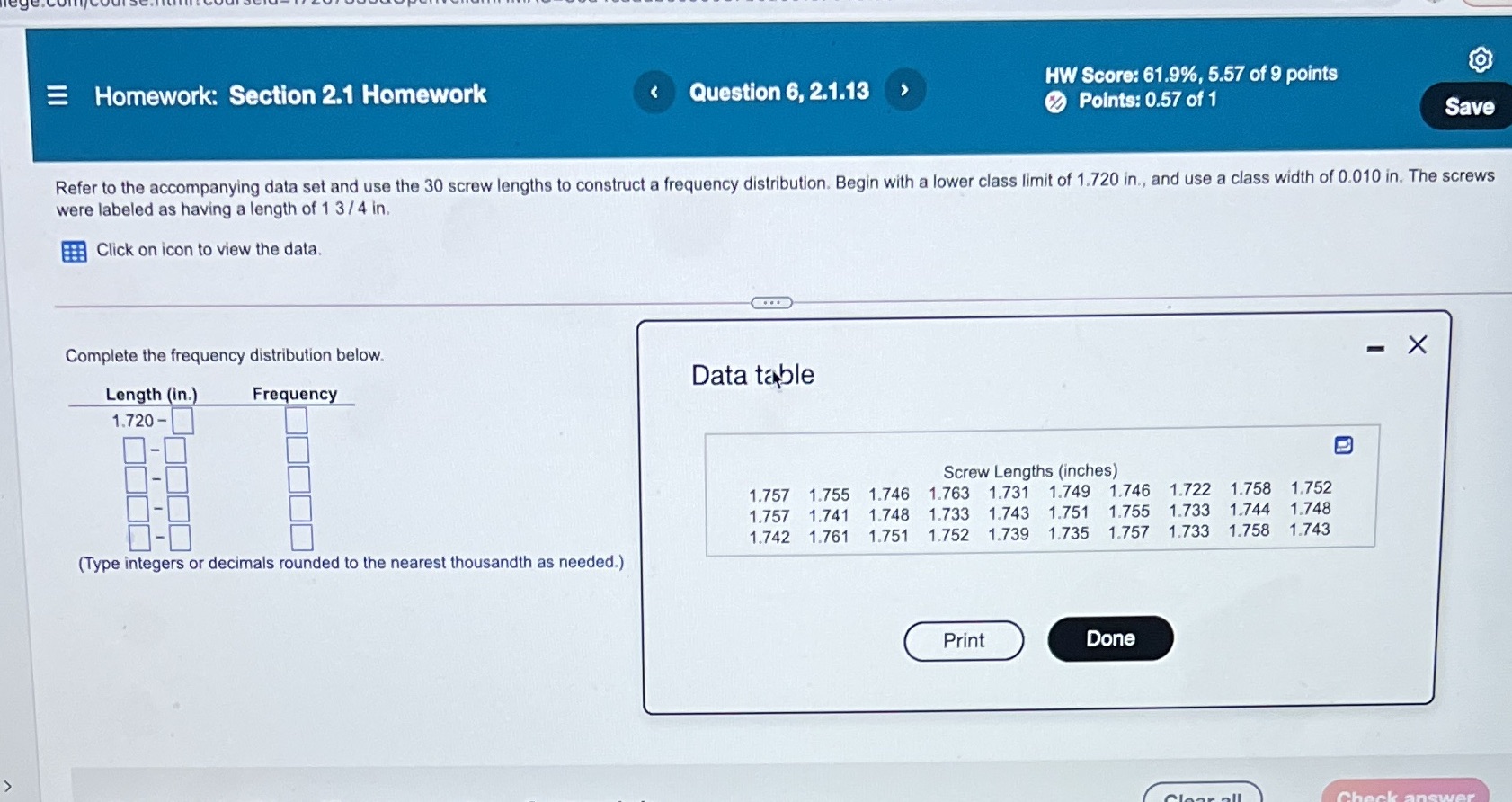 Homework: Section 2.1 Homework Question 6, 2.1.13 HW Score: 61.9%, 5.57 of
