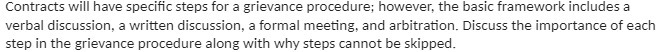 Contracts will have specific steps for a grievance procedure; however, the