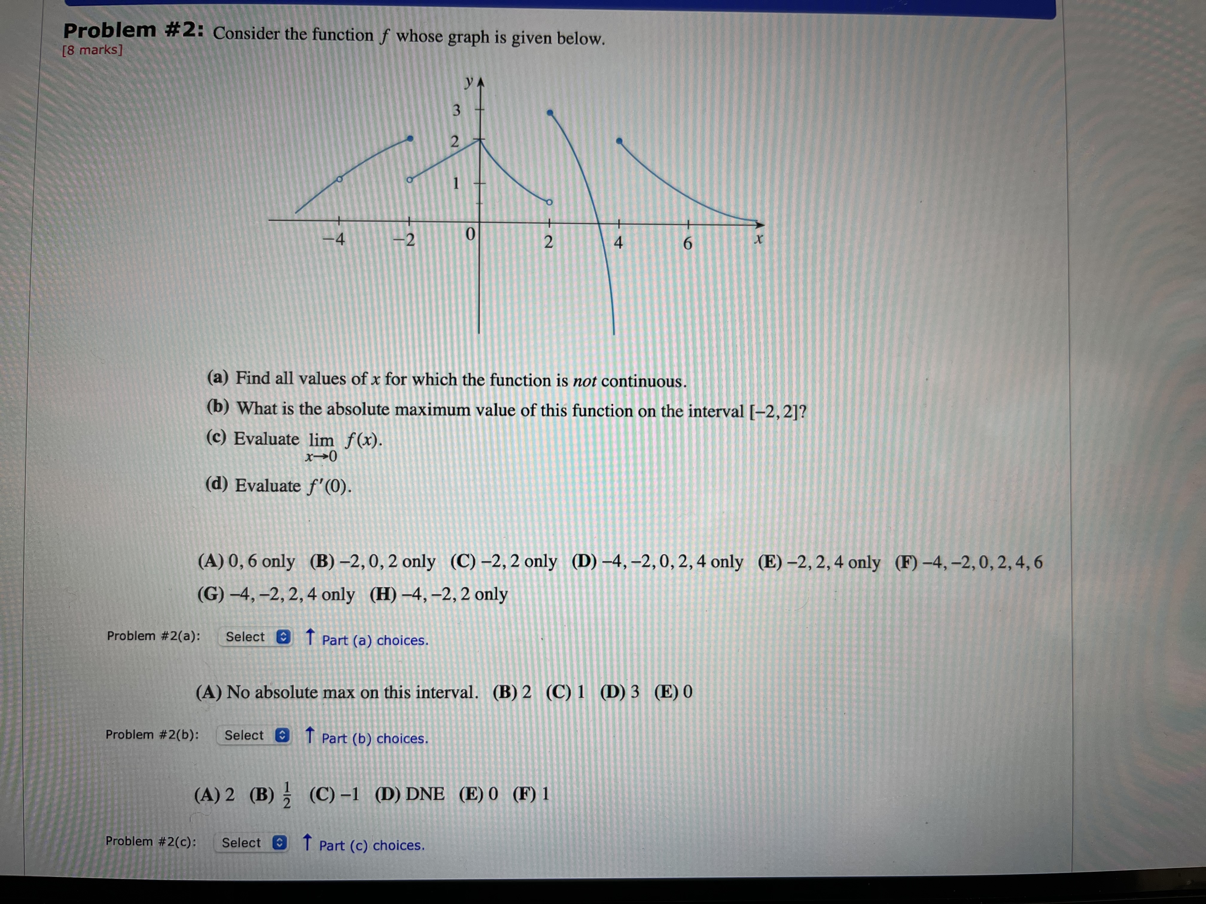  Problem #2: Consider the function f whose graph is given below.