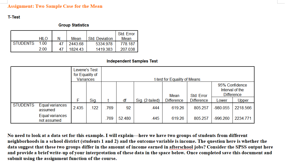  Assignment: Two Sample Case for the 1\\-'Iean T-Test Group Statistics Std.