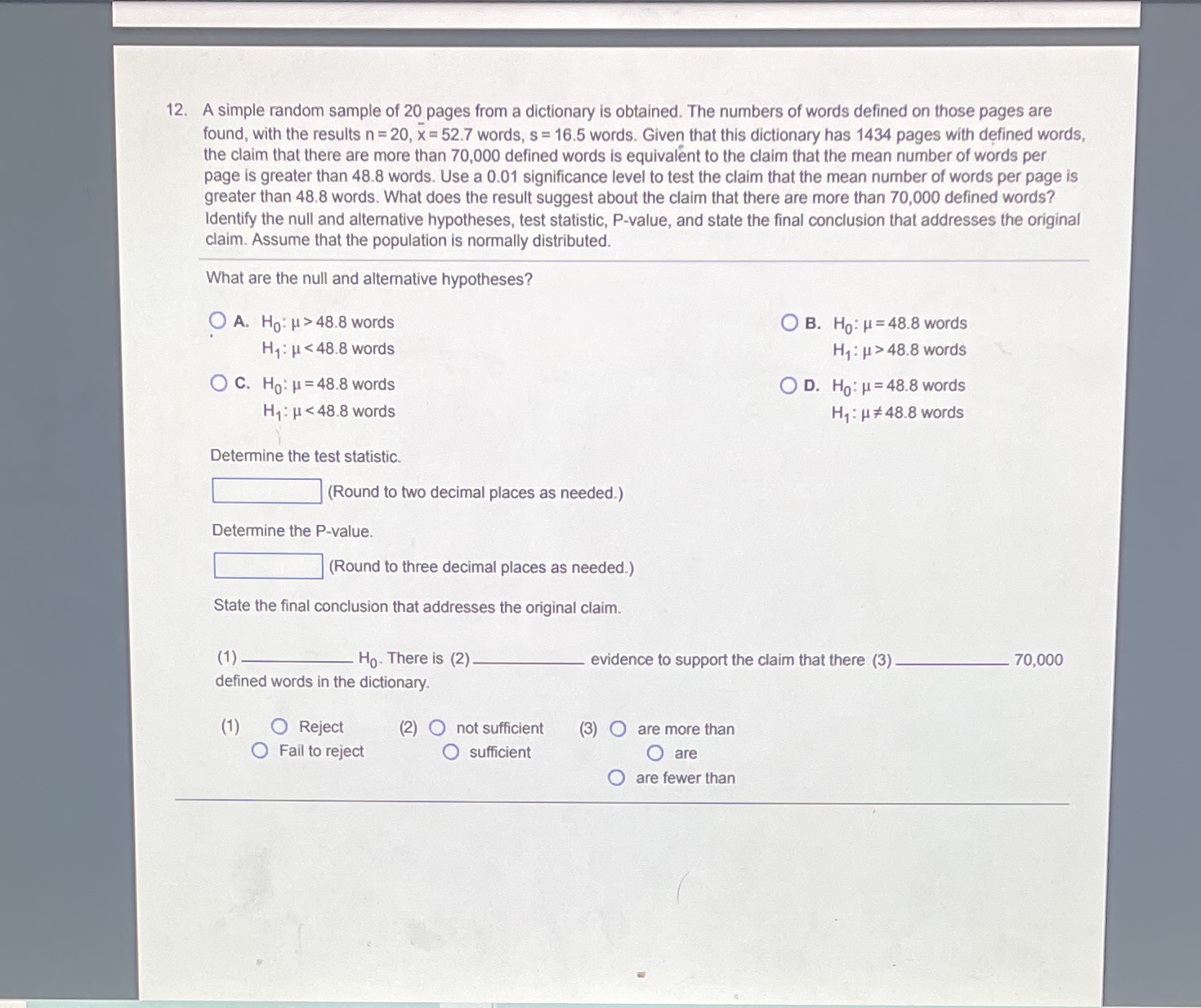 Please show work 12. A simple random sample of 20 pages from