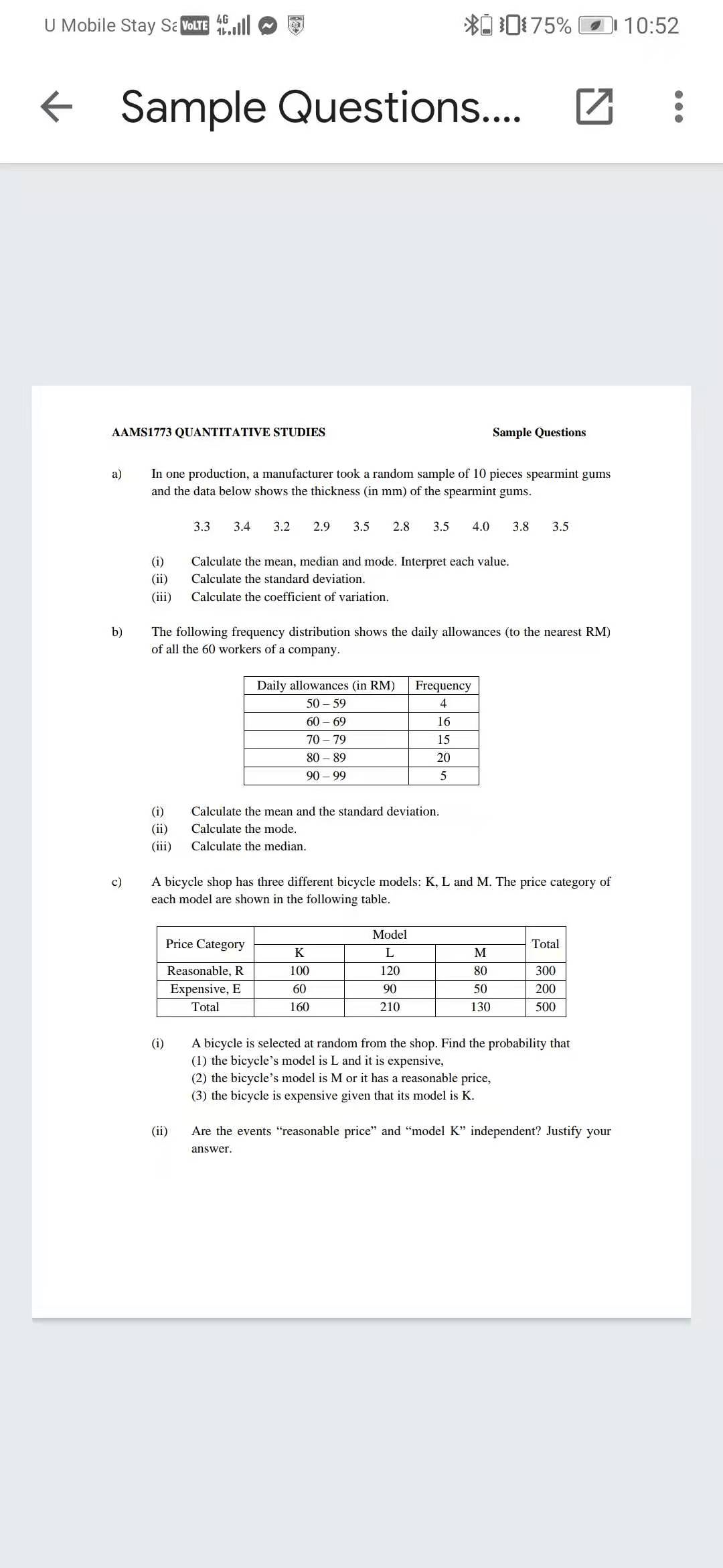 U Mobile Stay Sc VOLTE $ 10 75% 10:52 Sample Questions....