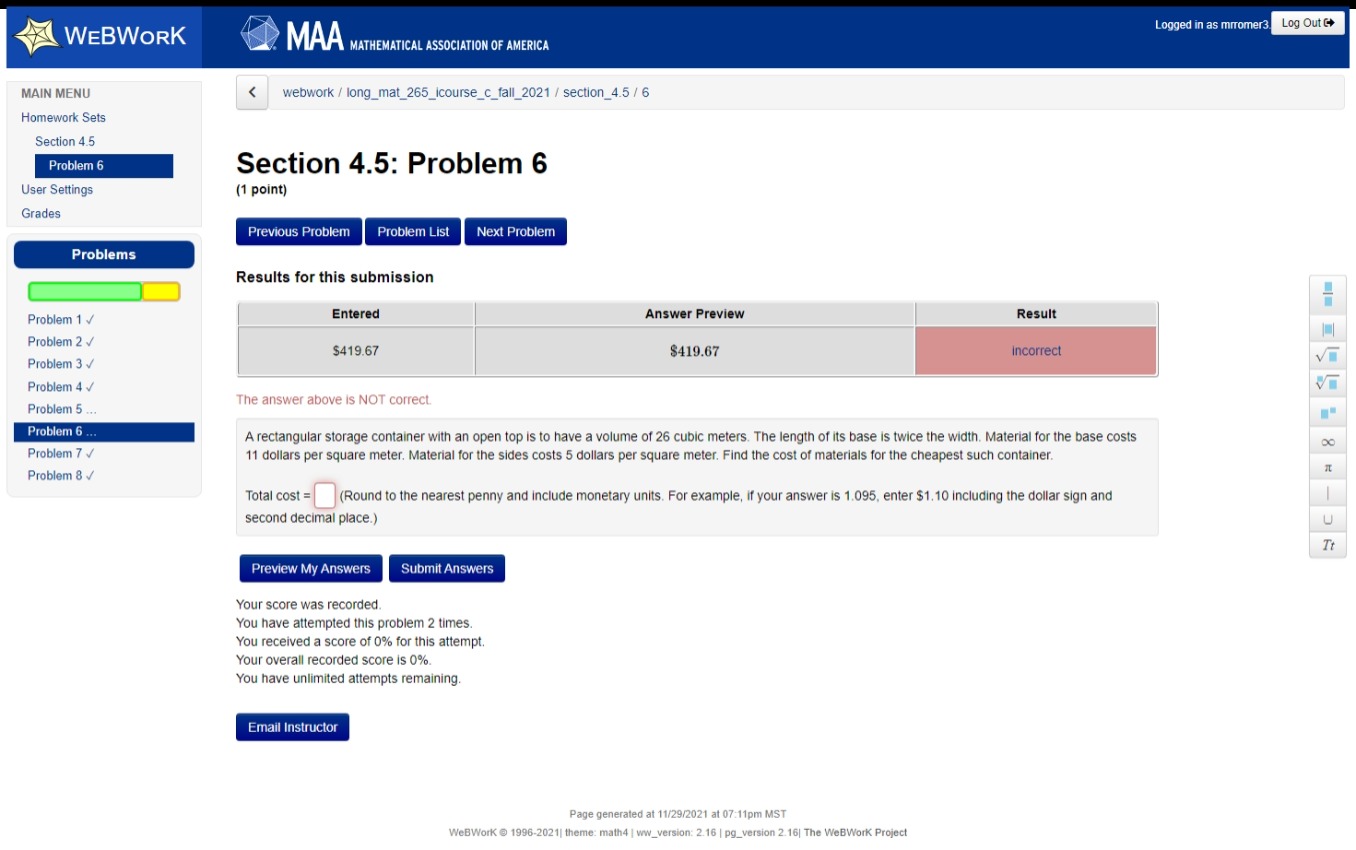WEBWORK MAIN MENU Homework Sets Section 4 5 User Settings Grades Problems