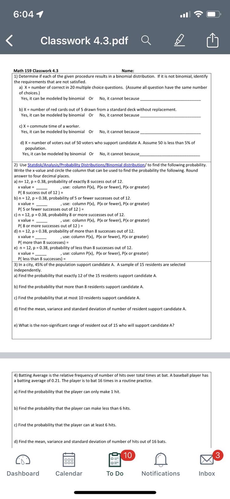 6:04 Classwork 4.3.pdf Q .11 Math 159 Classwork 4.3 Name: 1) Determine