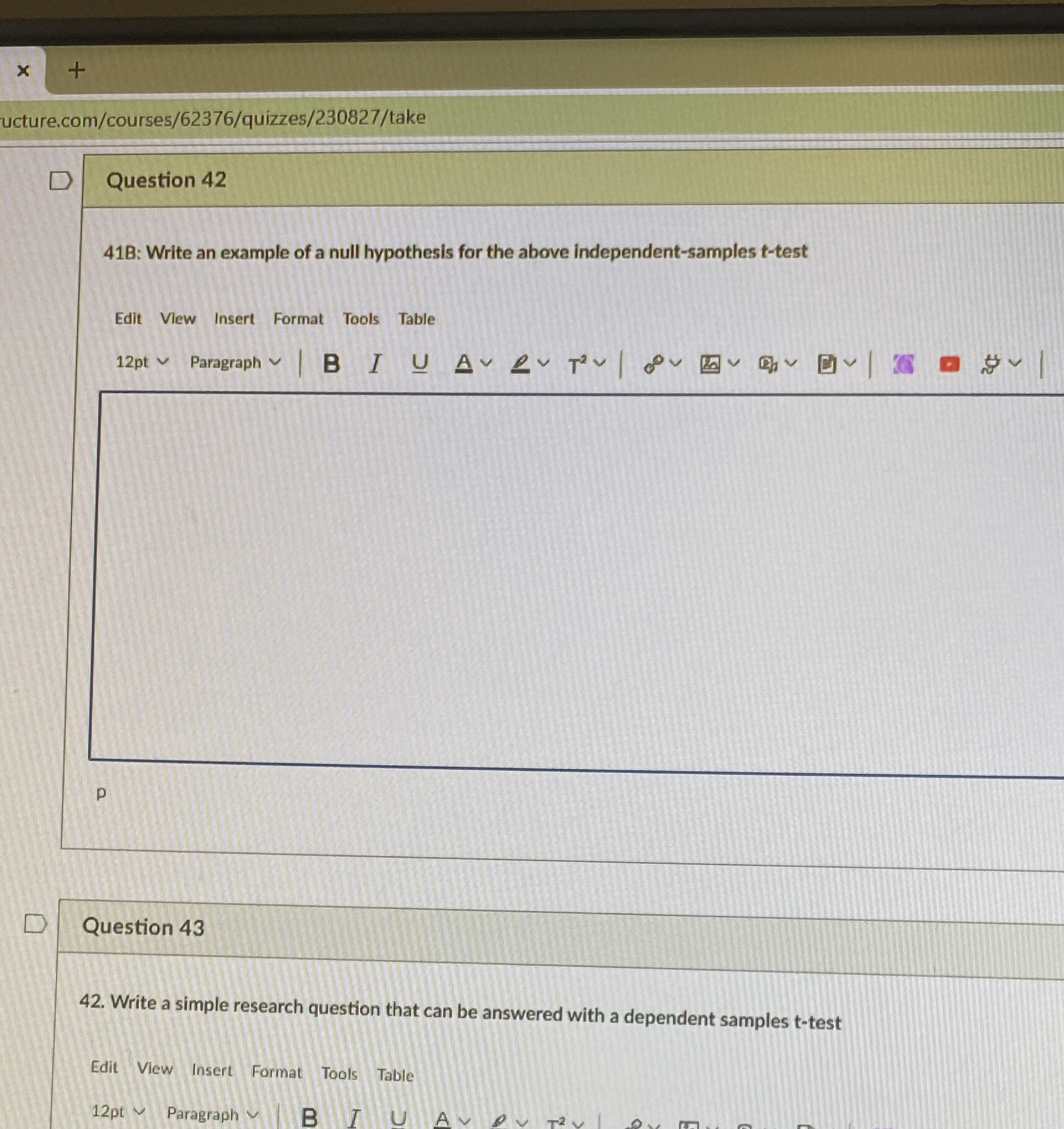  X + ucture.com/courses/62376/quizzes/230827/take D Question 42 41B: Write an example of