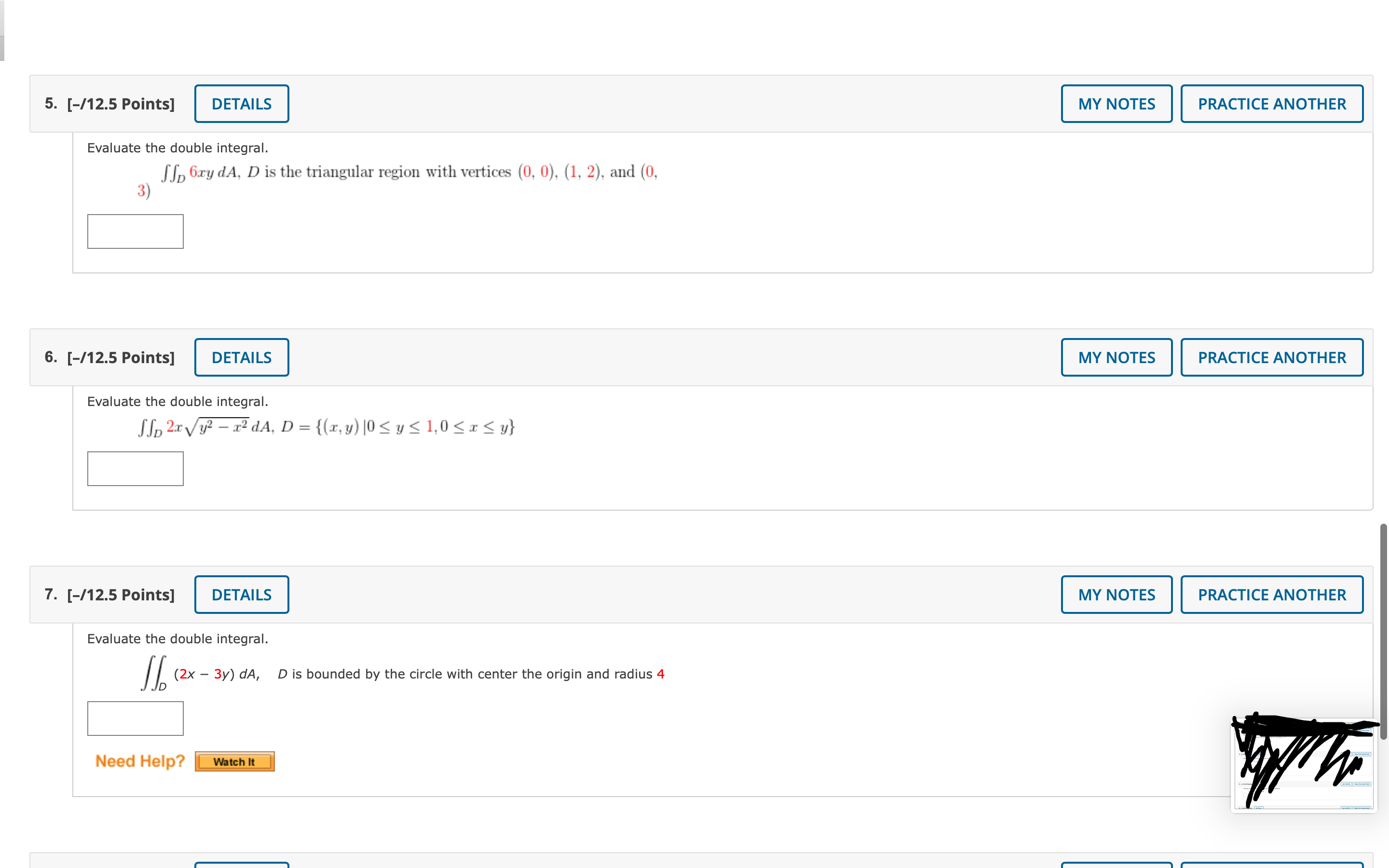  5. [-/12.5 Points] DETAILS MY NOTES PRACTICE ANOTHER Evaluate the double