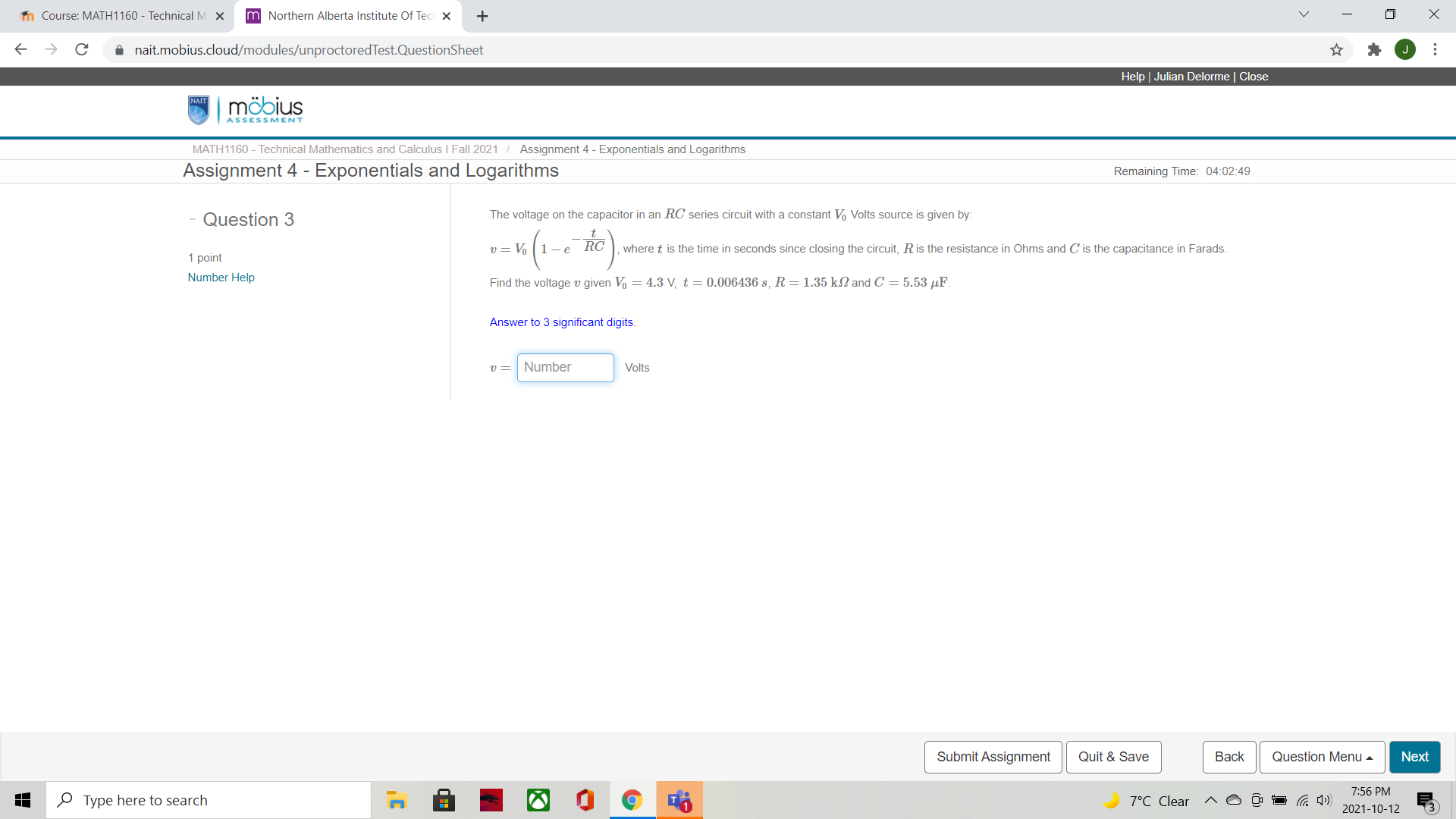 In Course: MATH1160 - Technical M X m Northern Alberta Institute