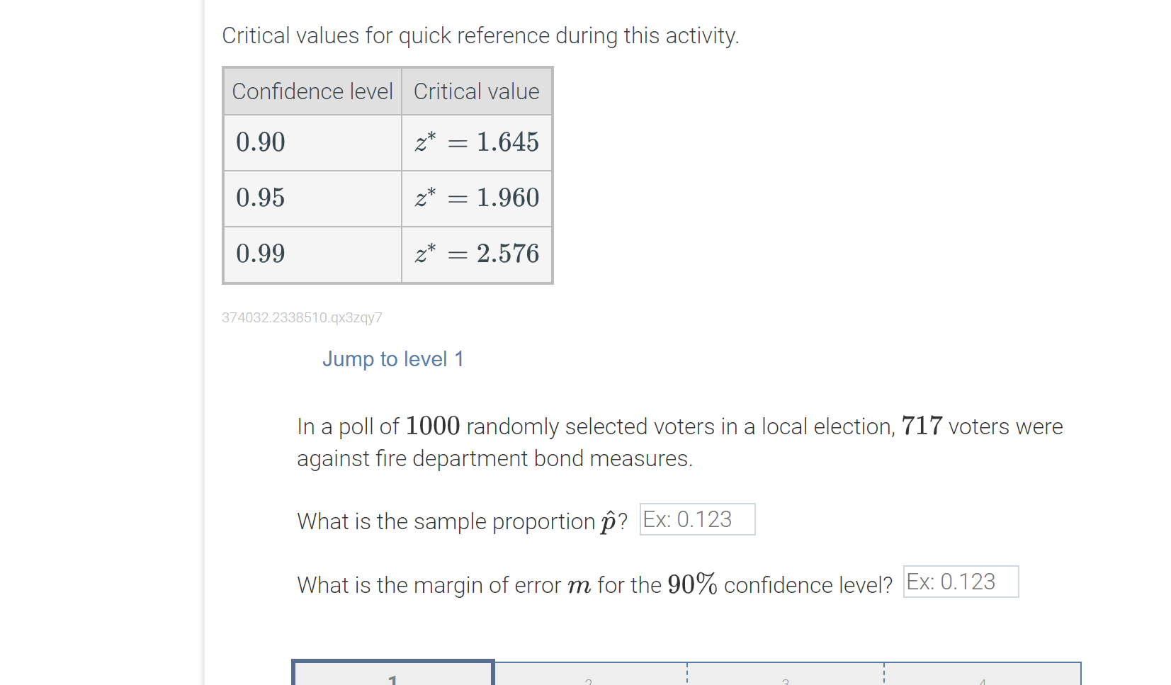 Critical values for quick reference during this activity. Condence level 0.95